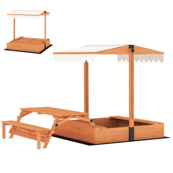 AIYAPLAY Arenera din lemn pentru copii cu copertina reglabila Masa de picnic cu banci 6 copii 3-8 ani 184x110x120 cm Maro | Aosom Romania imagine
