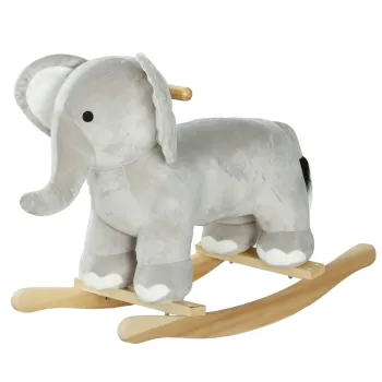 AIYAPLAY Balansoar in Forma de Elefant, Calut Balansoar din Lemn cu Baza si Sunete Realistice, 64,5x31x52 cm, Gri | Aosom Romania imagine