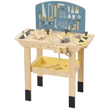 AIYAPLAY Banc de Lucru pentru Copii din Lemn de Pin, cu 28 de Accesorii si Cutie din PP, 3-8 Ani, Culoare Lemn | Aosom Romania imagine