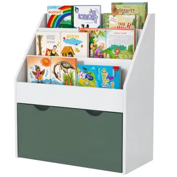 AIYAPLAY Biblioteca pentru copii, depozitare multipla cu 3 nivele de rafturi si un sertar, 62,5L x 30l x 70H cm, verde | Aosom Romania imagine