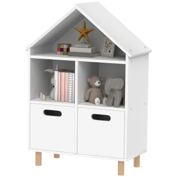 AIYAPLAY Biblioteca pentru copii mobilier de depozitare pentru copii 3 nivele cu doua sertare forma de casa 63,7 x 29,7 x 89 cm alb | Aosom Romania imagine