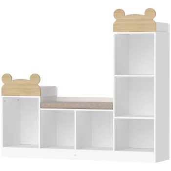 AIYAPLAY Biblioteca pentru copii, mobilier depozitare 3 in 1 cu banca, 6 compartimente, 2 rafturi, perna de sezut, Alb | Aosom Romania imagine