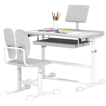 AIYAPLAY Birou pentru copii cu scaun reglabil in inaltime, blat inclinat 45?, sertar si suport de carte, gri | Aosom Romania imagine