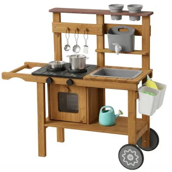 AIYAPLAY Bucatarie de joaca pentru copii pentru exterior din lemn cu robinet, chiuveta, ghiveci, roti, depozitare pentru 3-6 ani, maro | Aosom Romania imagine