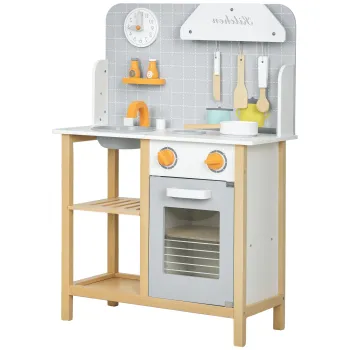 AIYAPLAY Bucatarie de jucarie cu accesorii, plita & cuptor, chiuveta, ceas, rafturi, pentru 3-6 ani, Gri | Aosom Romania imagine