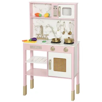 AIYAPLAY Bucatarie de jucarie din lemn cu sunet cu accesorii din otel inoxidabil legume pentru taiat Roz | Aosom Romania imagine