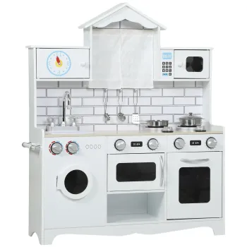 AIYAPLAY Bucatarie de Jucarie pentru Copii 3-6 Ani din Lemn cu Set de Accesorii, Chiuveta si Butoane cu Sunete, Alb | Aosom Romania imagine