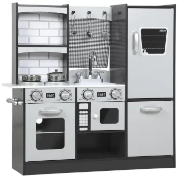 AIYAPLAY Bucatarie de Jucarie pentru Copii 3-8 Ani din Lemn cu Accesorii, Frigider, Chiuveta si Buton cu Sunete, Maro | Aosom Romania imagine