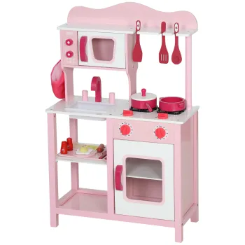 AIYAPLAY Bucatarie de Jucarie pentru Copii 3+ Ani cu Microonde, Plita si Chiuveta, din Lemn, 55x24x86 cm, Roz | Aosom Romania imagine