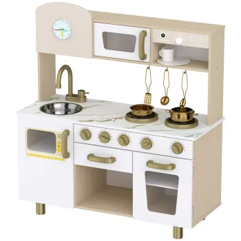 AIYAPLAY Bucatarie de Jucarie pentru Copii cu Plita, Robinet si Accesorii, MDF si Otel Inoxidabil, 74 x 29 x 81 Cm, Alb | Aosom Romania imagine