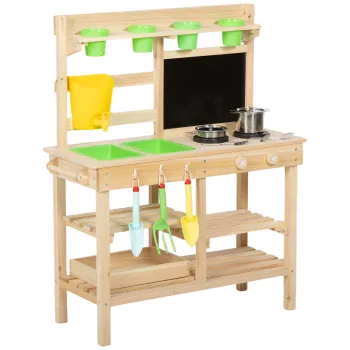 AIYAPLAY Bucatarie de noroi pentru copii in aer liber, bucatarie jucarie din lemn cu chiuveta, plita, ghivece, tabla pentru 3-6 ani 77x32x95 cm lemn natural | Aosom Romania imagine