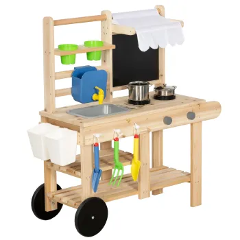 AIYAPLAY Bucatarie de noroi pentru exterior, bucatarie din lemn cu robinet real, chiuveta, plita, raft, rezervor de apa, lemn natural | Aosom Romania imagine
