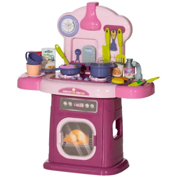 AIYAPLAY Bucatarie Jucarie pentru Copii 3-6 Ani cu 38 Accesorii, Sunete Realiste si Lumina la Cuptor, 51x21x60 cm, Roz | Aosom Romania imagine