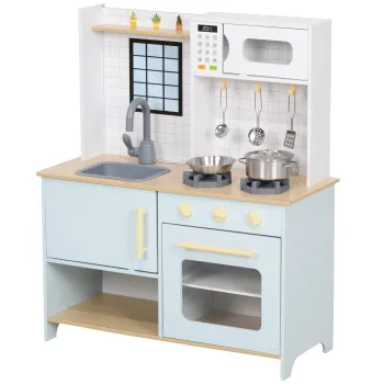 AIYAPLAY Bucatarie pentru Copii 3+ Ani, Bucatarie Jucarie din Otel Inoxidabil, Lemn si PP, 72x33x85,2 cm, Albastru | Aosom Romania imagine