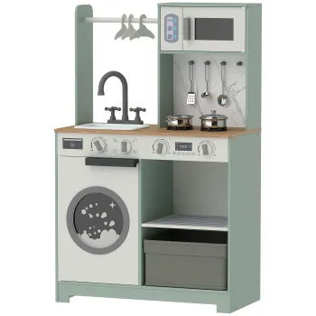 AIYAPLAY Bucatarie pentru copii jucarie de rol, set de joaca cu aragaz, chiuveta, cuptor cu microunde, 5 accesorii, verde | Aosom Romania imagine