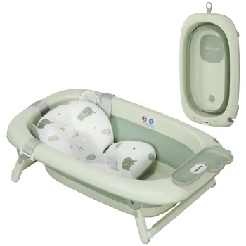 AIYAPLAY Cada de Baie Pliabila pentru Nou-Nascuti 0-3 ani cu Perna Rafturi si Fund Antiderapant, 86x53x25,5 cm, Verde | Aosom Romania imagine