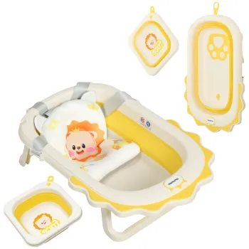 AIYAPLAY Cada de Baie Pliabila pentru Nou-Nascuti 0-3 Ani cu Perna si Orificii de Drenaj, 80,5x55x20 cm, Galben | Aosom Romania imagine