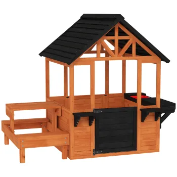 AIYAPLAY Casa de joaca pentru exterior din lemn cu masa banci statie de spalat fereastra usa suport ghiveci pentru 3-8 ani maro deschis | Aosom Romania imagine