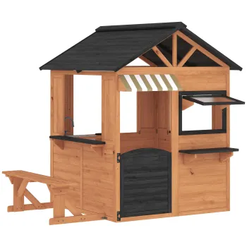 AIYAPLAY Casuta de Gradina pentru Copii din Lemn de Brad, Casuta pentru Exterior cu Bucatarie, 4 Ferestre, Usa Partiala, Banca, Raft si Acoperis, pentru Copii 3-8 Ani, 171.5x146x156 cm, Maro | Aosom Romania imagine