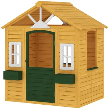 AIYAPLAY Casuta de Gradina pentru Copii din Lemn de Molid, Casuta de Exterior cu 3 Ferestre, 2 Jardiniere, Usa si Acoperis, pentru Copii 3-8 Ani, Interior si Exterior, 134.5x97x150 cm, Maro | Aosom Romania imagine