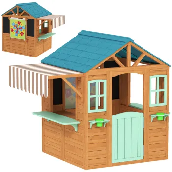 AIYAPLAY Casuta de joaca pentru exterior cu tejghea de vanzare, ghiveci pentru plante, tabla de creta, tinta, 4 bile 142 x 120 x 141,5 cm Multicolor | Aosom Romania imagine