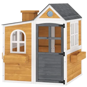 AIYAPLAY Casuta exterioara pentru copii din lemn, casa pentru copii exterior/interior cu usa, ferestre, 3 jardiniere, galben | Aosom Romania imagine