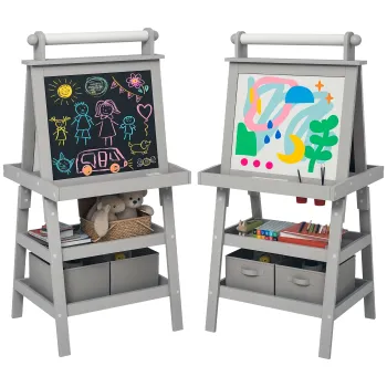 AIYAPLAY Chevalet pentru copii 3 in 1 cu tablou alb magnetic, tablou pentru creta, roleu de hartie, 2 cosuri, 3-6 ani, gri | Aosom Romania imagine