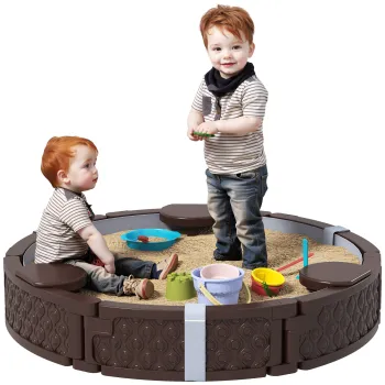 AIYAPLAY Cutie de nisip, Cutie de nisip rotunda pentru pana la 3 copii, cu 3 scaune, strat impermeabil, protectie impotriva intemperiilor, 300 kg de nisip | Aosom Romania imagine