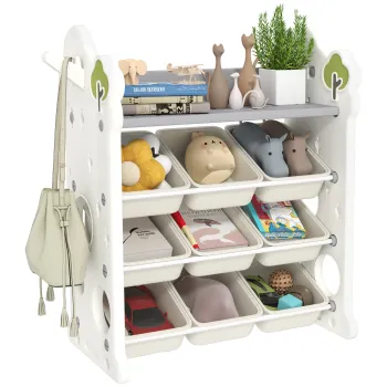 AIYAPLAY Etajera pentru Copii, Organizator de Depozitare Jucarii cu 4 Niveluri si 9 Cosuri, 77x42x94 cm, Crem Alb | Aosom Romania imagine