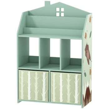 AIYAPLAY Etajera pentru jucarii cu sertare din material textil rafturi deschise design cu ursuleti organizator de jucarii Verde | Aosom Romania imagine