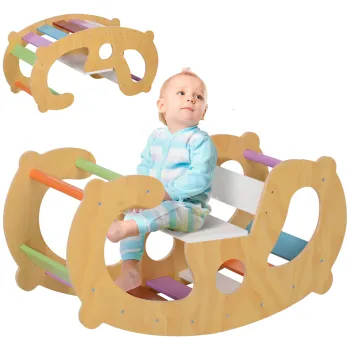 AIYAPLAY Joc pentru Copii 2 in 1 Rampa Montessori si Scaun Balansoar pentru Uz Interior, 91x41x48 cm, Multicolor | Aosom Romania imagine