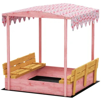 AIYAPLAY Lada de Nisip pentru Copii 3-6 Ani cu Acoperis cu Flamingo, Scaune Pliabile, Capac si Husa Incluse, Lada de Joaca din Lemn de Brad, 134,5x127,5x130 cm, Roz | Aosom Romania imagine