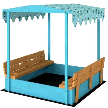 AIYAPLAY Ladita cu Nisip pentru Copii 3-6 Ani cu Acoperis Dinosauri, Banci Pliabile, Capac si Husa Incluse, Ladita de Nisip din Lemn de Brad, 134,5x127,5x130 cm, Albastru | Aosom Romania imagine