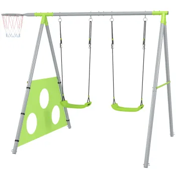 AIYAPLAY Leagan de Gradina 3 in 1 pentru Copii 3-8 Ani cu Cos de Baschet si Poarta de Fotbal, 238x180x182 cm, Verde | Aosom Romania imagine