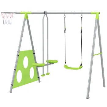 AIYAPLAY Leagan de Gradina 4 in 1 pentru Copii cu Cos de Baschet si Poarta de Fotbal, 215x180x182 cm, Verde | Aosom Romania imagine