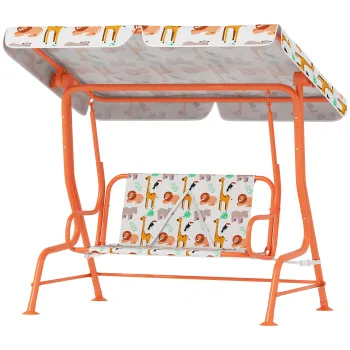 AIYAPLAY Leagan pentru Copii cu 2 Locuri, Acoperis Reglabil si Curele de Siguranta, Leagan pentru Gradina si Interior din Otel si Material Oxford, Max 60 kg, 112x75x120 cm, Portocaliu | Aosom Romania imagine