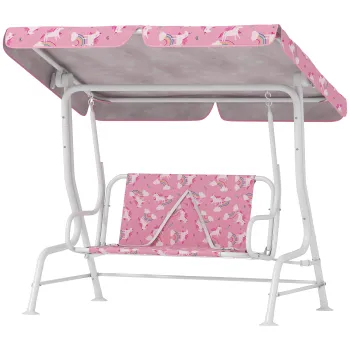 AIYAPLAY Leagan pentru Copii de Exterior cu 2 Locuri, Acoperis Reglabil si Centuri de Siguranta, Leagan Gradina si Interior din Otel si Material Oxford, Max 60 kg, 112x75x120 cm, Roz | Aosom Romania imagine