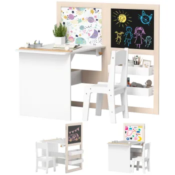 AIYAPLAY Masa copii cu scaun 3 in 1 cu chevalet pliabil rafturi de depozitare, roleu de hartie - 3 pana la 8 ani, alb | Aosom Romania imagine