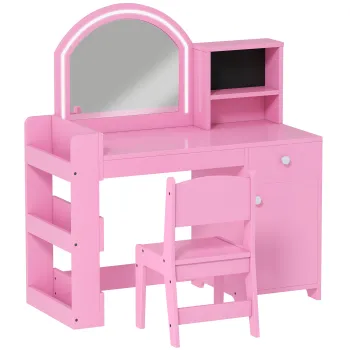 AIYAPLAY Masa de machiaj pentru copii cu taburet si oglinda LED, masa de machiaj pentru 3-8 ani, 88,6 x 38,8 x 96,9 cm, roz | Aosom Romania imagine