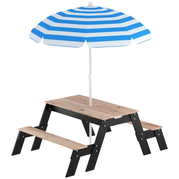 AIYAPLAY Masa de picnic pentru copii cu parasolar, set de gradina din lemn 3 in 1 pentru copii 3-6 ani cu 2 cutii, natural | Aosom Romania imagine