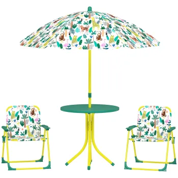AIYAPLAY Masa de Picnic pentru Copii, Set Masa si Doua Scaune Pliabile cu Umbrela Demontabila, Tematica Jungle, Mobilier de Exterior pentru Gradina, Terasa, Verde | Aosom Romania imagine