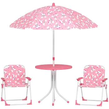 AIYAPLAY Masa de Picnic pentru Copii, Set Masa si Scaune cu 2 Scaune Pliabile si Umbrela Detasabila, Tema Jungla, Mobilier de Exterior pentru Gradina, Patio, Roz | Aosom Romania imagine