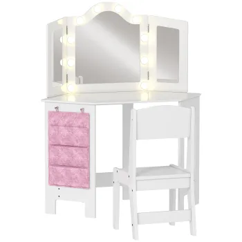 AIYAPLAY Masa de toaleta pentru copii 2 in 1 cu scaun oglinda triptica si lumini LED bicolore  93,6 x 48,5 x 111,5 cm alb | Aosom Romania imagine