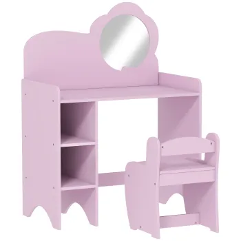 AIYAPLAY Masa de toaleta pentru copii cu scaun si oglinda in forma de floare cu rafturi deschise pentru baieti si fete 3-8 ani Mov | Aosom Romania imagine