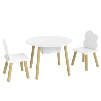 AIYAPLAY Masa pentru copii cu scaune si spatiu de depozitare, set de mobilier pentru copii 3 piese in alb si natural pentru camera de joaca si dormitor | Aosom Romania imagine