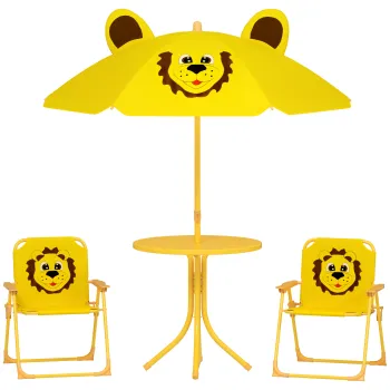 AIYAPLAY Mobilier de gradina pentru copii cu umbrela de soare reglabila, Set de picnic pentru copii cu 4 piese, Masa cu 2 scaune pliante, masa, Set de terasa cu model de leu pentru varstele 2-5 ani, Galben | Aosom Romania imagine