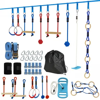 AIYAPLAY Ninja Line copii 10 m set Slackline 9 piese cu 2 inele, leagan 3-in-1, 2 bare de catarat pentru 3-8 ani multicolor | Aosom Romania imagine