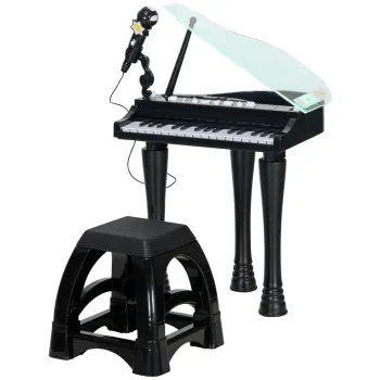 AIYAPLAY Pian pentru Copii cu Scaunel, Microfon si Muzica, 37x30.5x60.4 cm, Negru | Aosom Romania imagine