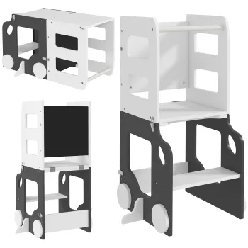 AIYAPLAY Scara Montessori 4 in 1 pentru Copii cu 2 Table si Set Masa si Scaun, din Lemn, 58x46x92 cm, Alb | Aosom Romania imagine