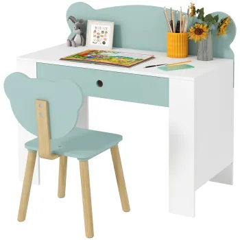 AIYAPLAY Set Birou cu Sertar si Scaun Ursulet pentru Copii 3-8 Ani Verde | Aosom Romania imagine